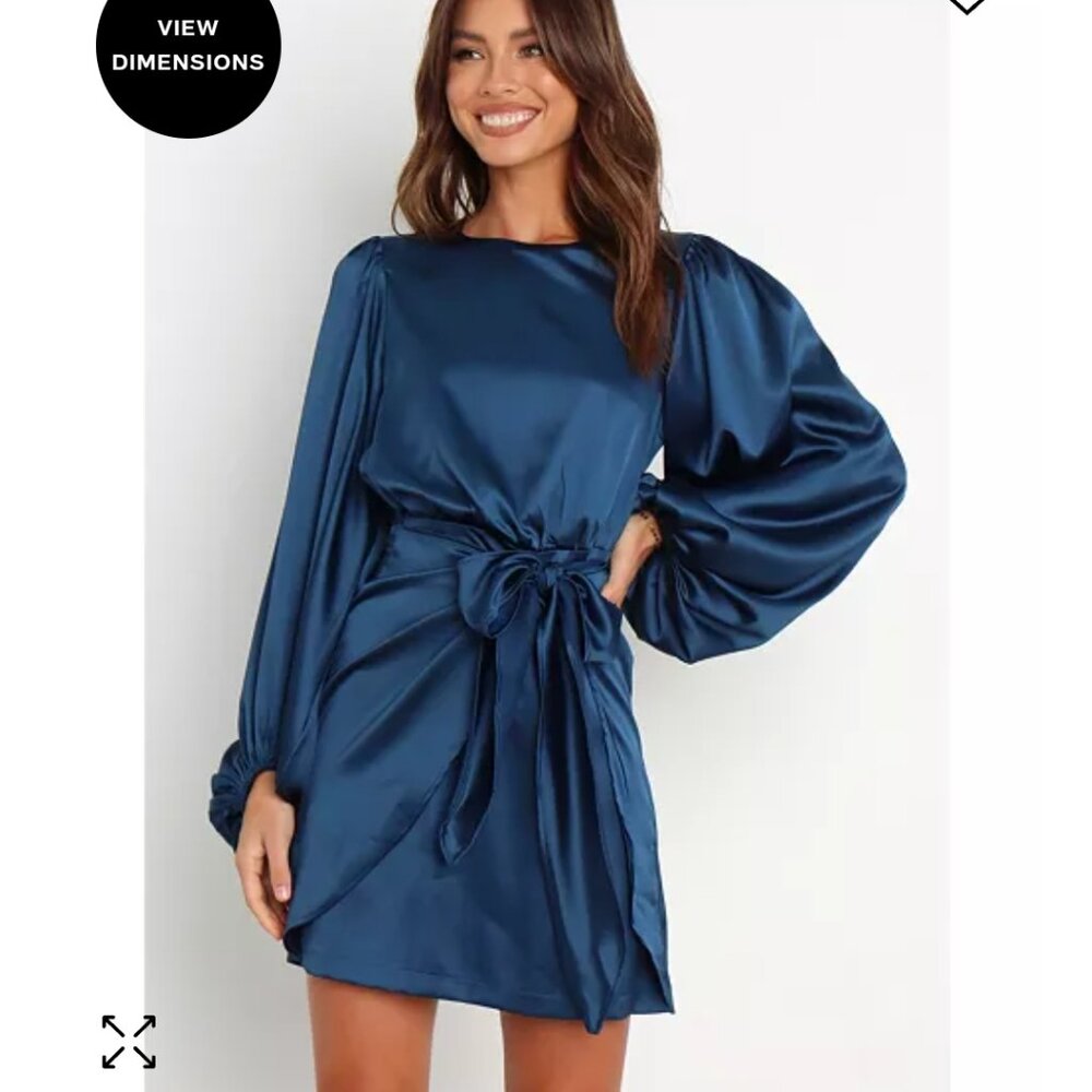 Petal & Pup Satin Long Sleeve Mini Dress in Deep Navy Blue